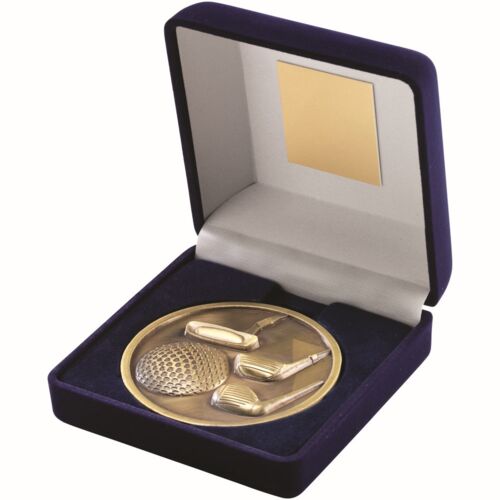 Blue Velvet Box And 70Mm Medallion Golf Trophy - Antique Gold 4" Thumbnail