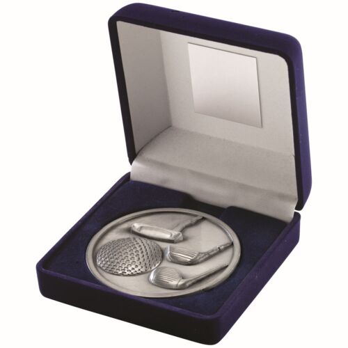 Blue Velvet Box And 70Mm Medallion Golf Trophy - Antique Silver 4" Thumbnail