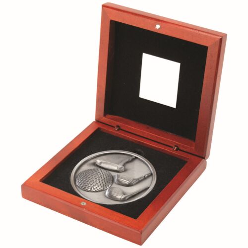 Rosewood Box And 70Mm Medallion Golf Trophy - Antique Silver 4.5" Thumbnail