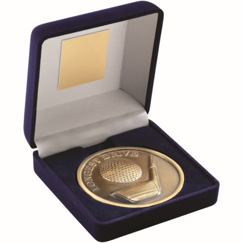 Blue Velvet Box And 70Mm Medallion Golf Trophy - Antique Gold Longest Drive 4" Thumbnail