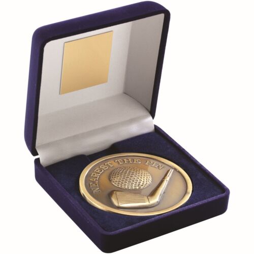 Blue Velvet Box And 70Mm Medallion Golf Trophy - Antique Gold Nearest The Pin 4" Thumbnail