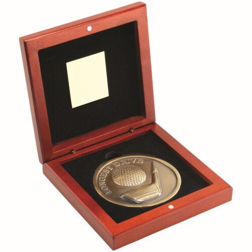 Rosewood Box And 70Mm Medallion Golf Trophy - Antique Gold Longest Drive 4.5" Thumbnail