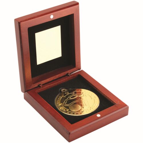 Rosewood Box And 50Mm Medal Golf Trophy - Gold 3.75" Thumbnail
