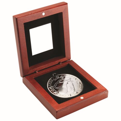 Rosewood Box And 50Mm Medal Golf Trophy - Silver 3.75" Thumbnail