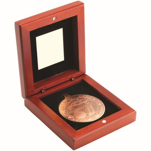 Rosewood Box And 50Mm Medal Golf Trophy - Bronze 3.75" Thumbnail