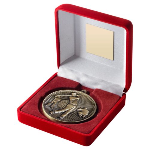 Red Velvet Box And 60Mm Medal Golf Trophy - Antique Gold - 4" Thumbnail