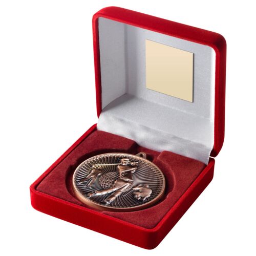 Red Velvet Box And 60Mm Medal Golf Trophy - Bronze - 4" Thumbnail
