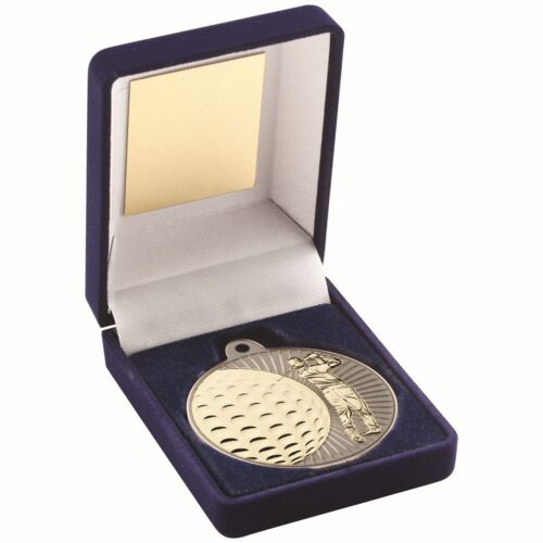 Blue Velvet Box And 50Mm Golf Medal Trophy - Matt Silver/Gold 3.5" Thumbnail
