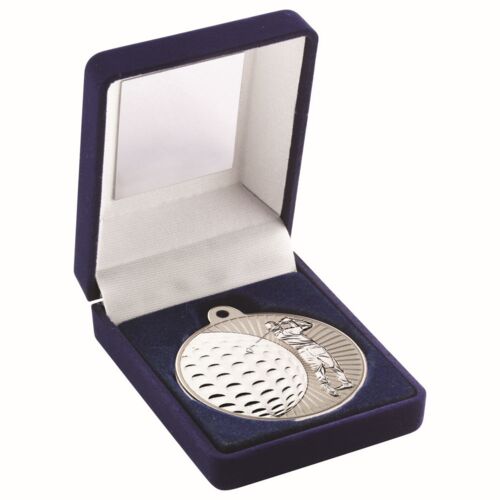 Blue Velvet Box And 50Mm Golf Medal Trophy - Matt Silver/Silver 3.5" Thumbnail