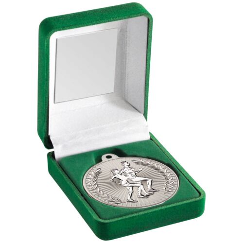 Green Velvet Box And 50Mm Running Medal Trophy - Matt Silver/Silver 3.5" Thumbnail