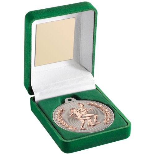 Green Velvet Box And 50Mm Running Medal Trophy - Matt Silver/Bronze 3.5" Thumbnail