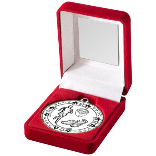 Red Velvet Box And 50Mm Medal Running Trophy - Silver 3.5" Thumbnail