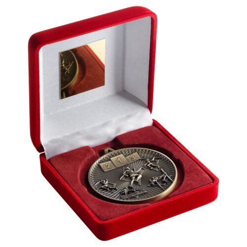 Red Velvet Box And 60Mm Medal Athletics Trophy - Antique Gold - 4" Thumbnail
