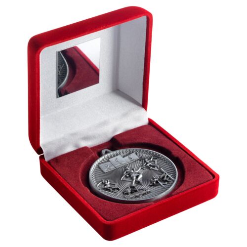 Red Velvet Box And 60Mm Medal Athletics Trophy - Antique Silver - 4" Thumbnail