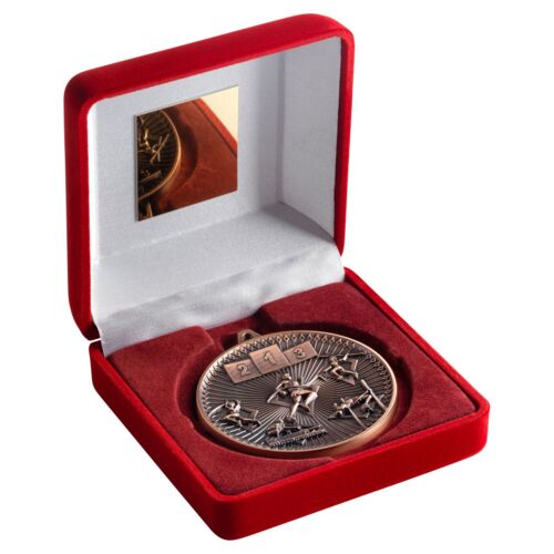Red Velvet Box And 60Mm Medal Athletics Trophy - Bronze - 4" Thumbnail