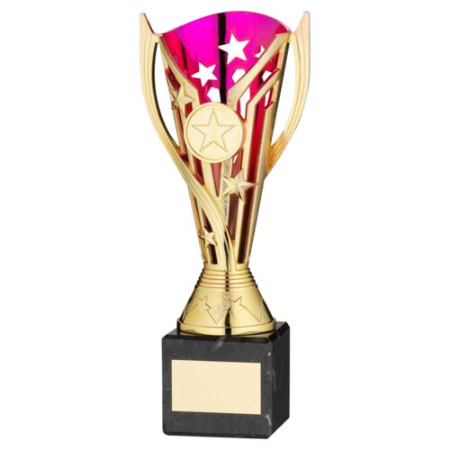Gold/Purple Plastic 'Flash' Cup On Blk Marble Assembled Trophy - 10" Thumbnail