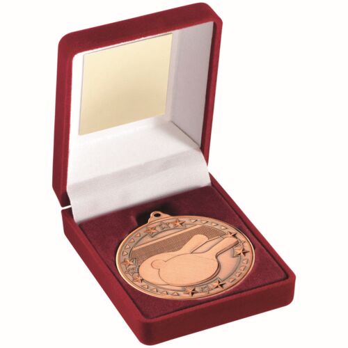Red Velvet Box And 50Mm Medal Table Tennis Trophy - Bronze - 3.5" Thumbnail