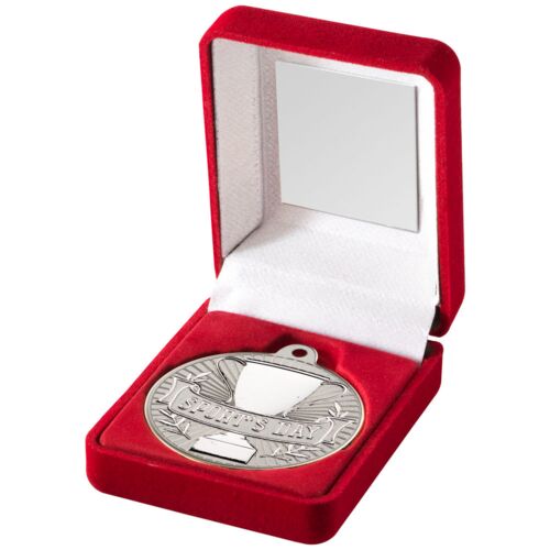 Red Velvet Box And 50Mm Sports Day Medal Trophy - Matt Silver/Silver 3.5" Thumbnail