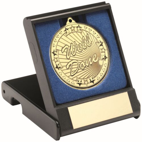 Black Plastic Box With 50Mm Gold Well Done Medal Trophy - 3.5" Thumbnail