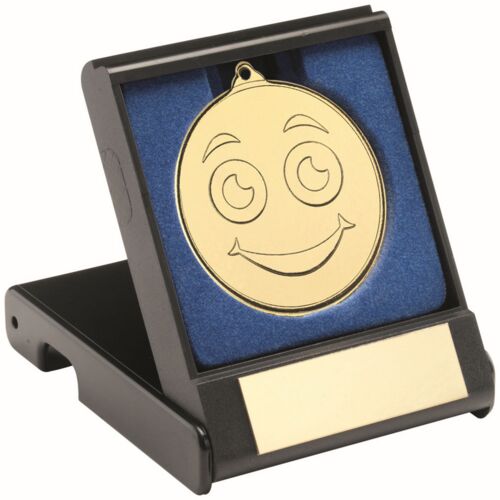Black Plastic Box With 50Mm Gold Smiley Face Medal Trophy - 3.5" Thumbnail