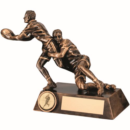 Bronze/Gold Double Rugby 'Tackle' Figure With Plate -  7.75" Thumbnail