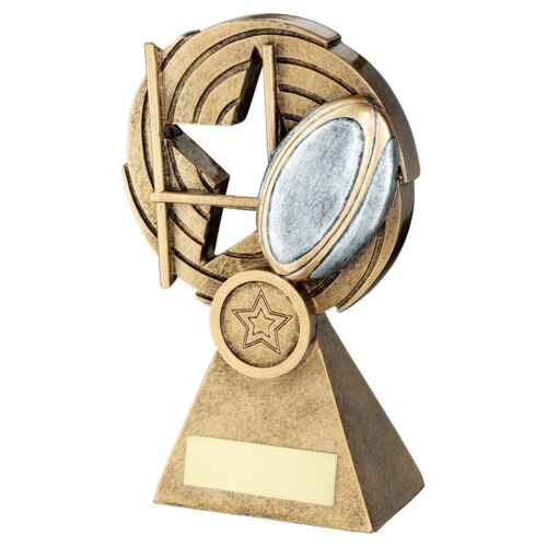 Bronze/Pew/Gold Rugby Ball And Posts On Holed Spiral With Plate  - 6" Thumbnail