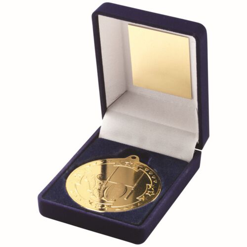 Blue Velvet Box And 50Mm Medal Rugby Trophy - Gold 3.5" Thumbnail