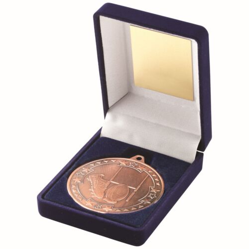 Blue Velvet Box And 50Mm Medal Rugby Trophy - Bronze 3.5" Thumbnail
