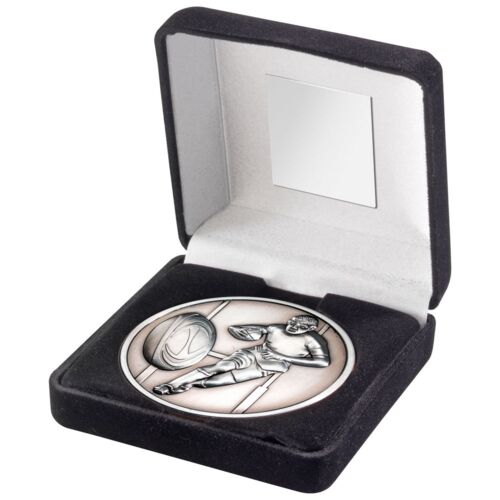 Black Velvet Box And 70Mm Medallion Rugby Trophy - Antique Silver - 4" Thumbnail