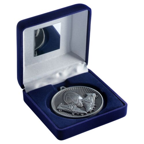 Blue Velvet Box And 60Mm Medal Rugby Trophy - Antique Silver - 4" Thumbnail