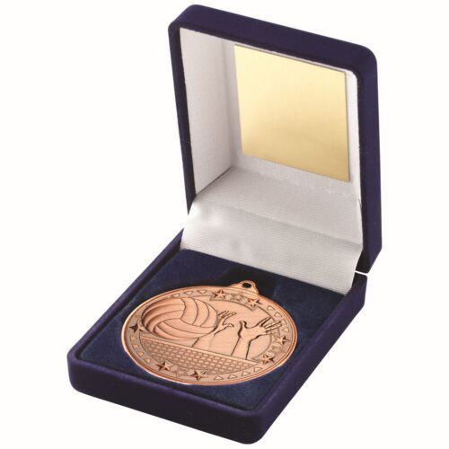 Blue Velvet Box And 50Mm Medal Volleyball Trophy - Bronze 3.5" Thumbnail