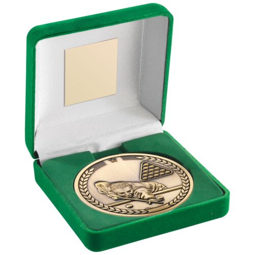 Green Velvet Box And 70Mm Medallion Pool/Snooker Trophy - Antique Gold - 4" Thumbnail