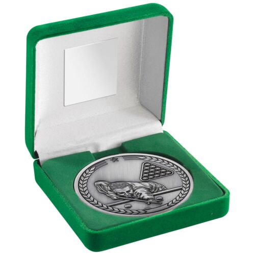 Green Velvet Box And 70Mm Medallion Pool/Snooker Trophy - Antique Silver - 4" Thumbnail