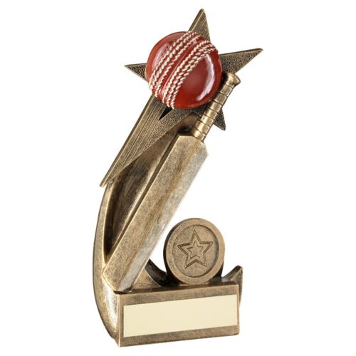 Brz/Gold/Red Cricket Ball And Bat On Shooting Star With Plate - 6.75" Thumbnail