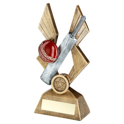 Bronze/Pew/Red Cricket Ball And Bat On Pointed Backdrop With Plate  - 8" Thumbnail