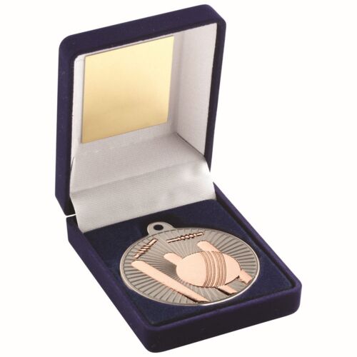 Blue Velvet Box And 50Mm Cricket Medal Trophy - Matt Silver/Bronze 3.5" Thumbnail