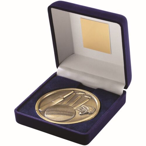 Blue Velvet Box And 70Mm Medallion Cricket Trophy - Antique Gold 4" Thumbnail