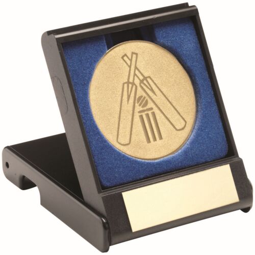 Black Plastic Box With Cricket Insert Trophy - Gold 3.5" Thumbnail