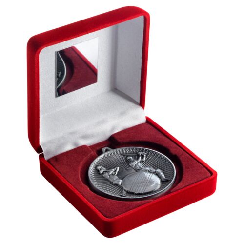 Red Velvet Box And 60Mm Medal Cricket Trophy - Antique Silver - 4" Thumbnail