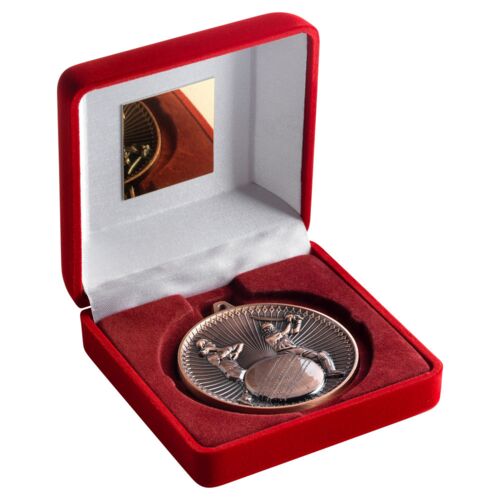 Red Velvet Box And 60Mm Medal Cricket Trophy - Bronze - 4" Thumbnail