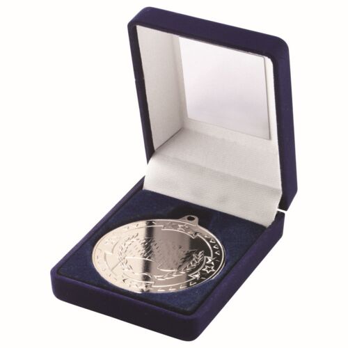 Blue Velvet Box And 50Mm Medal Motor Sport Trophy - Silver 3.5" Thumbnail