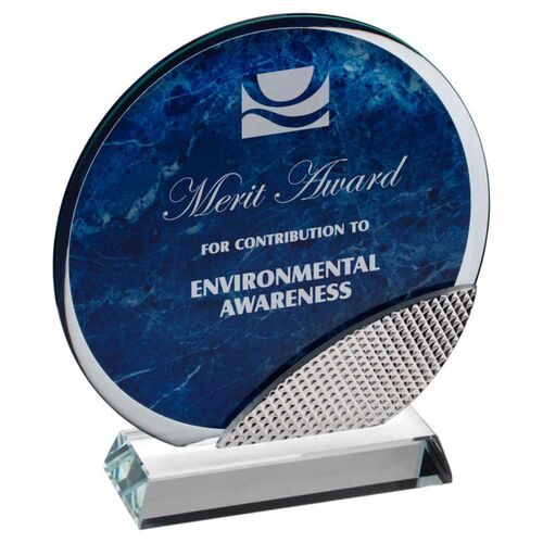 Blue Marble Backed Clear Glass Circle With Silver Detail - 6.75" Thumbnail