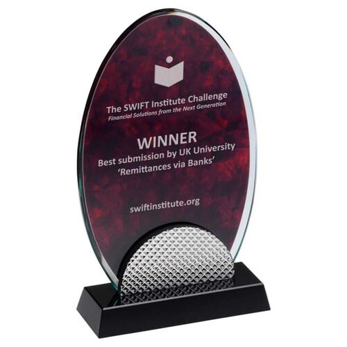 Red Marble Backed Clear Glass Oval With Silver Detail And Black Base - 7" Thumbnail