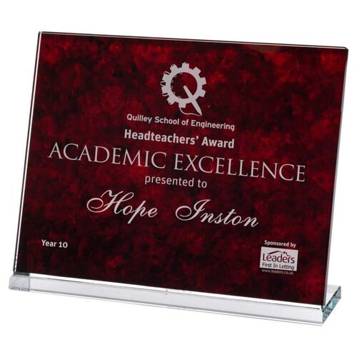 Red Marble Backed Clear Glass Landscape Plaque - 7.5 X 9.5" Thumbnail