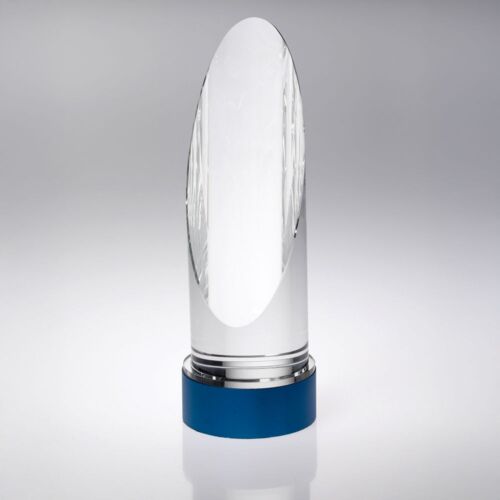 Clear Glass Round Column On Blue Metal Base (70MM Diameter) - 10In Thumbnail
