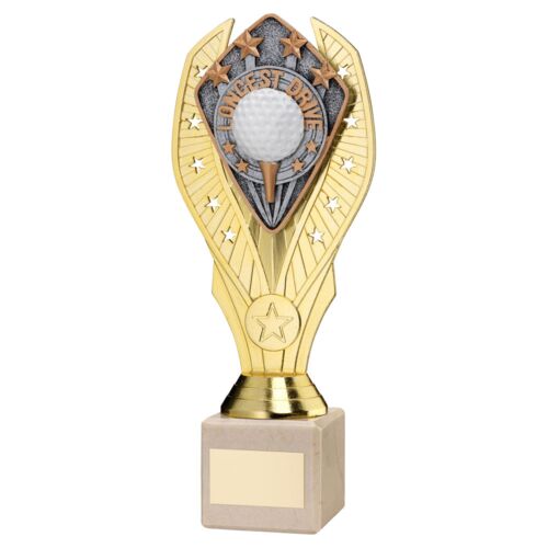 Gold Plastic Holder+Longest Drive Disc On Cream Marble Trophy (1In Cen) - 9In Thumbnail