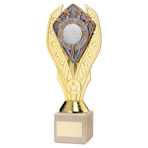 Gold Plastic Holder+Nearest The Pin Disc+Cream Marble Trophy (1In Cen) - 10In Thumbnail