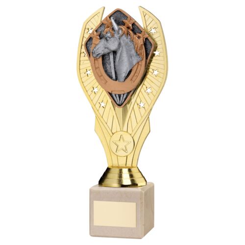 Gold Plastic Holder + Horse Disc On Cream Marble Trophy (1In Cen) - 11In Thumbnail