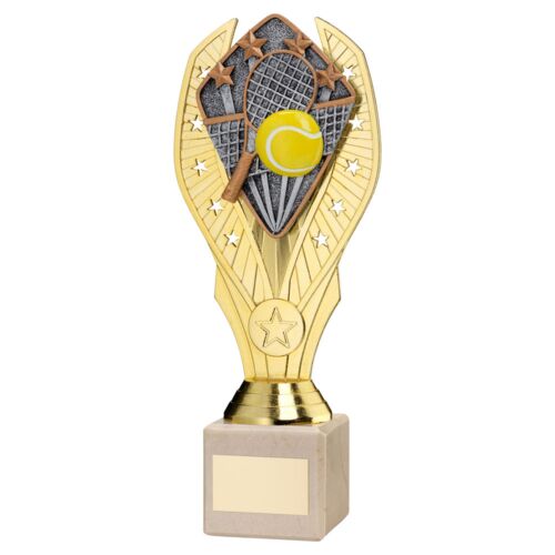 Gold Plastic Holder + Tennis Disc On Cream Marble Trophy (1In Cen) - 7.75In Thumbnail