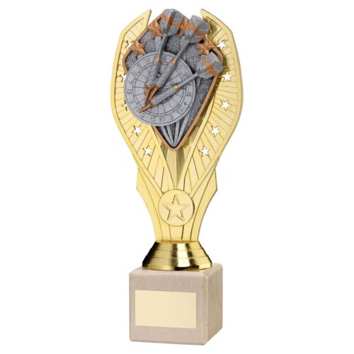 Gold Plastic Holder + Darts Disc On Cream Marble Trophy (1In Cen) - 11In Thumbnail
